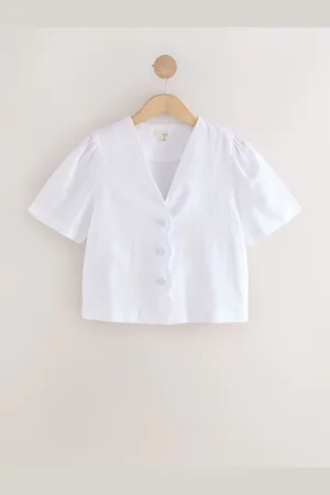 Next White Linen Blend Scallop Button Down Short Sleeve Blouse 16