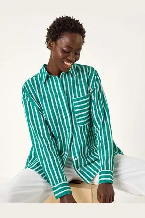 Roman 100% Cotton Linear Print V-Neck Button Shirt AU 14