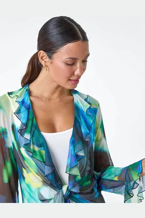 Roman Green Tie Frill Detail Stretch Mesh Top AU 16