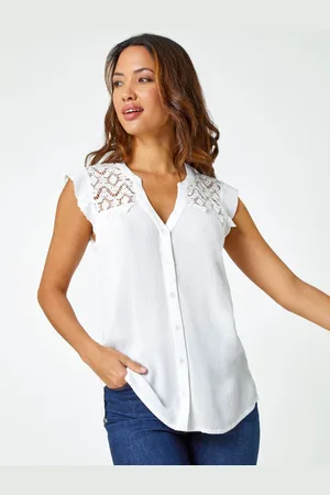 Roman White Lace Yoke Sleeveless Blouse AU 18