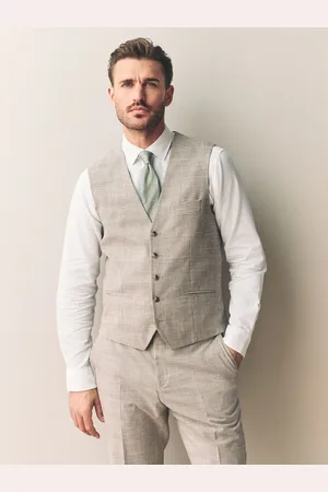 Next Neutral Tollegno Linen Blend Check Suit Waistcoat 42r