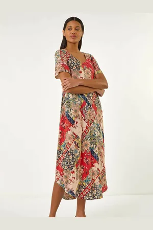 Roman Patchwork Print Curved Hem Midi Dress AU 12