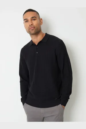 Threadbare Black Long Sleeve Textured Knit Polo Collar Jumper L