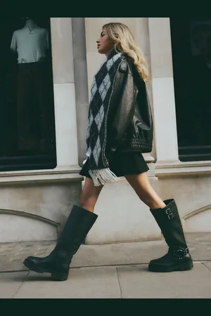 Next Black Leather Extra Wide Fit Forever Comfort Knee High Double Buckle Biker Boots AU 7 XW (EU 38)