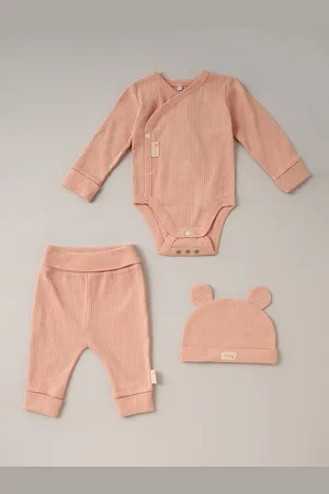 HOMEGROWN Pink 3 Piece Ribbed Bodysuit Joggers And Bear Hat Set 6268cm