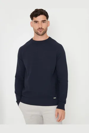 Threadbare Navy Blue Textured Stripe Knitted Crew Neck Jumper S