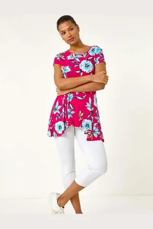 Roman Pink Floral Print Hanky Hem Stretch Tunic Top AU 12