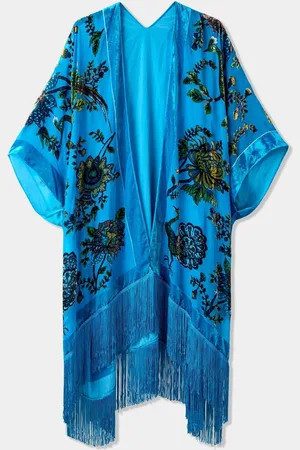 Joe Browns Blue Velvet Peacock Floral Print Fringed Kimono Cover-Up One