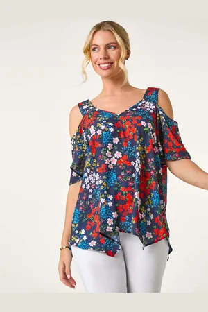 Roman Blue Petite Floral Cold Shoulder Top AU 8
