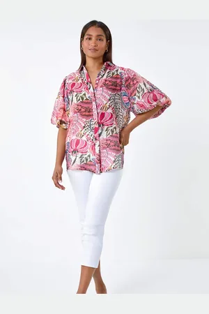 Roman Floral Leaf Print Puff Sleeve Shirt AU 12