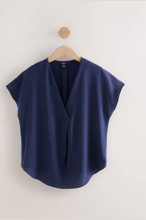 Next Navy Blue Relaxed Fit Short Sleeve Overhead V-Neck Blouse AU 16