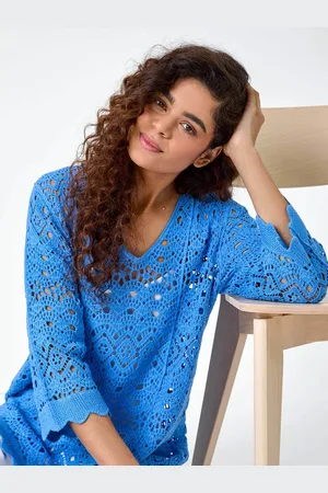 Roman Blue Crochet Tunic 100% Cotton Top AU 18