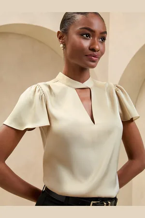 Lipsy London Cream Keyhole Flutter Sleeve Blouse AU 14