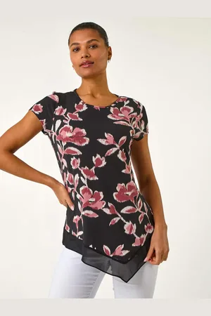 Roman Pink Abstract Print Chiffon Hem Tunics Top AU 20