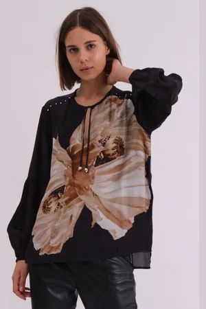 Religion Black Twist Blouse With Large Abstract Floral Print Placement And Neck Tie AU 12