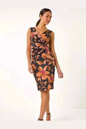 Roman Floral Print Ruched V-Neck Dress AU 18