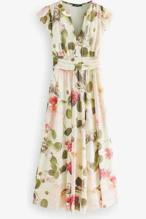 Next Kew Collection Pleated Mesh Print V-Neck Occasion Midi Dress AU 10 Petite
