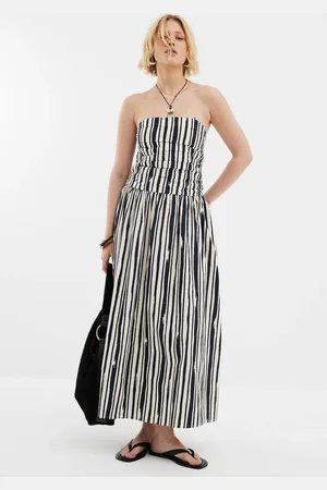 River Island Pleat Bodice Bandeau Midi Stripe 100% Cotton Dress 18