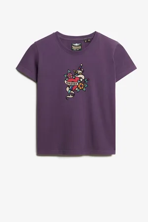Superdry Soot Purple Small 100% Cotton Tattoo Rhinestone Fitted T-Shirt AU 16