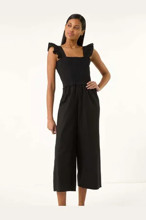 Roman Black Cotton Linen Blend Frill Jumpsuit AU 12
