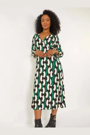 Roman Petite Geometric Print Tie Waist Midi Dress AU 10