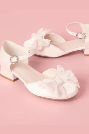 Lipsy London White Low Block Heel Pearl Bow Occasion Flower Girl Heeled Sandals US 4 (UK 3)