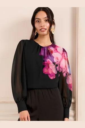 Love & Roses Black Floral Printed Crew Neck Blouse AU 14