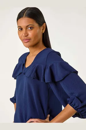 Roman Blue Frill Front Woven Top AU 10