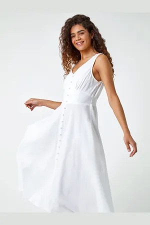 Roman Textured Stripe Button Detail Midi 100% Cotton Dress AU 12