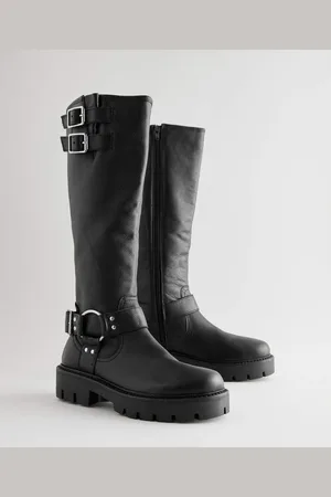 Next Black Leather Standard/Wide Fit Forever Comfort Knee High Double Buckle Biker Boots AU 9 (EU 41)