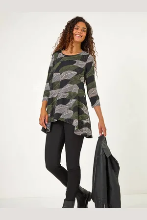 Roman Green Stretch Textured Leaf Print Tunic AU 10