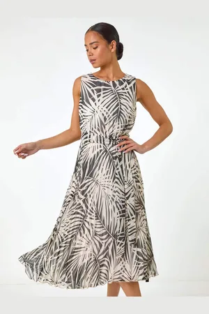 Roman Petite Leaf Print Pleated Midi Dress AU 14