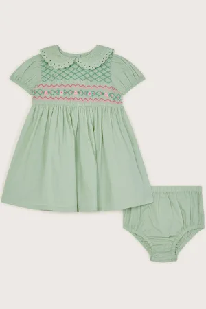Monsoon Green Baby Embroidered Smock 100% Cotton Dress and Briefs Set 2