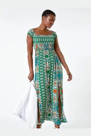 Roman Patchwork Shirred Bardot Maxi Dress AU 10