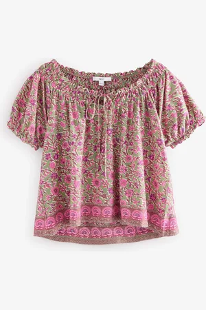 Next Green/Pink Floral Border Print Short Sleeve Ruched Neck Jersey 100% Cotton Blouse AU 14