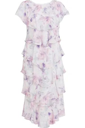 Gina Bacconi Phoebe Midi Printed Tiered Dress With Shoulder Embellishment AU 20