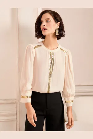 Love & Roses Ivory Petite Sequin Keyhole Crew Neck 3/4 Sleeve Blouse AU 18