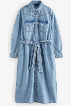 Next Tiered Seam Front Denim 100% Cotton Midi Dress AU 12