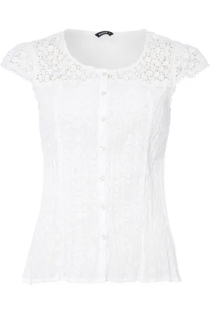 Roman White Lace Yoke And Sleeve Crinkle 100% Cotton Blouse AU 14