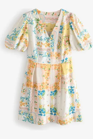 Next V-Neck Puff Sleeve Mini Dress with Linen AU 12 Tall