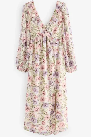 Next Long Sleeve Tie Back Floral Midi Dress AU 12 Tall