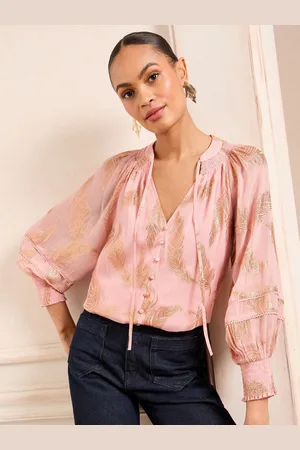 Love & Roses Blush Feather Petite Metallic Shirred Cuff Blouse AU 16