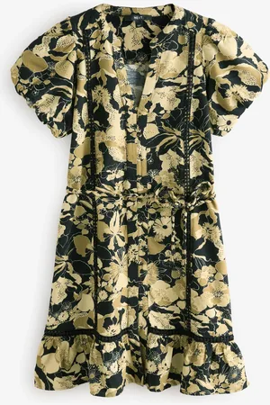 Next Button Through Lace Insert Mini Dress With Linen AU 12