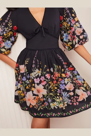 Friends Like These Print V-Neck Puff Sleeve Placement Print 100% Cotton Mini Dress AU 16