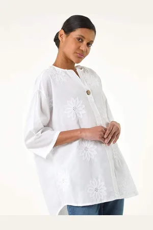 Roman White 100% Cotton Floral Embroidered Tunic Top S