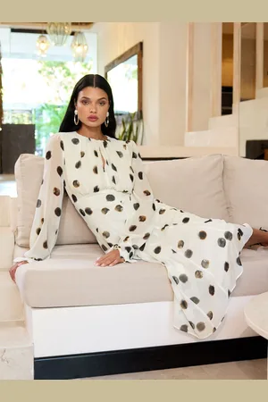 Lipsy London Long Sleeve Gathered Waist Polka Dot Midi Dress AU 6
