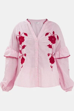 Accessorize Red Floral Print Embroidered Stripe 100% Cotton Blouse S