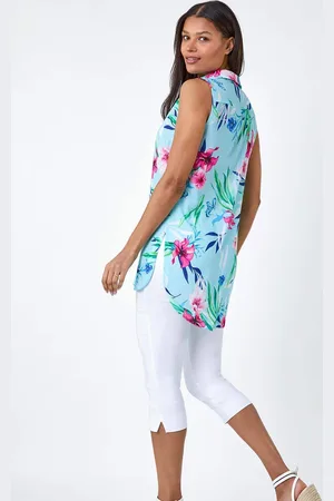 Roman Blue Tropical Floral Sleeveless Button Blouse AU 12