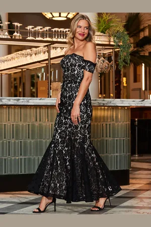 Sosandar Premium Lace Bardot Fit And Flare Maxi Dress AU 12