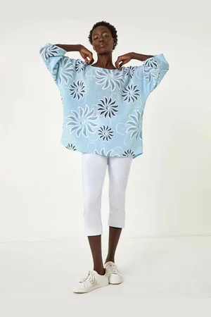 Roman Blue Floral Print 100% Cotton Tunic Top S